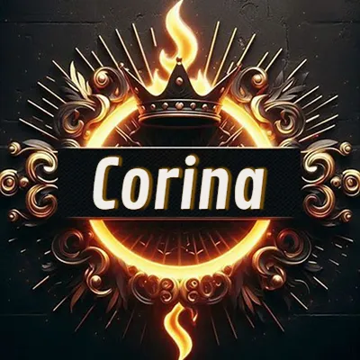 Diseño circular real con adornos dorados, llama de fuego detrás de una corona negra pequeña y nombre en blanco. - Corina