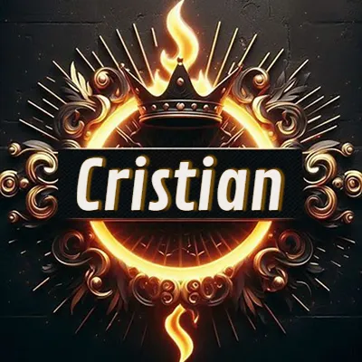 Diseño circular real con adornos dorados, llama de fuego detrás de una corona negra pequeña y nombre en blanco. - Cristian