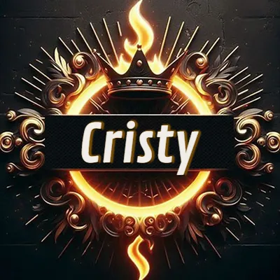 Diseño circular real con adornos dorados, llama de fuego detrás de una corona negra pequeña y nombre en blanco. - Cris