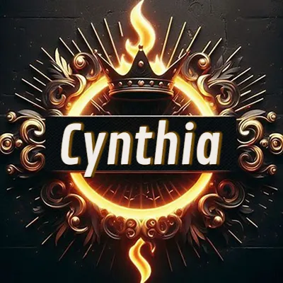 Diseño circular real con adornos dorados, llama de fuego detrás de una corona negra pequeña y nombre en blanco. - Cynthia