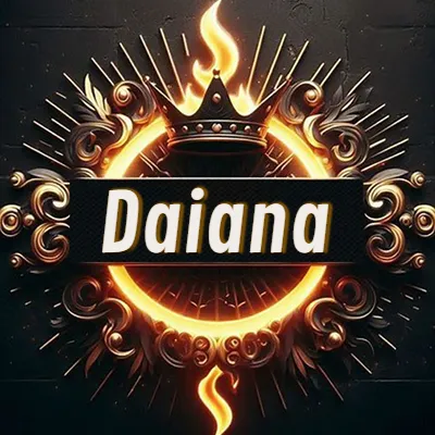 Diseño circular real con adornos dorados, llama de fuego detrás de una corona negra pequeña y nombre en blanco. - Daiana