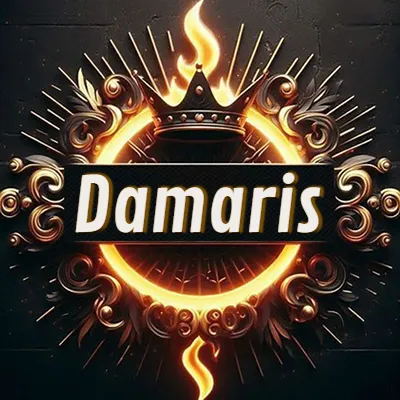 Diseño circular real con adornos dorados, llama de fuego detrás de una corona negra pequeña y nombre en blanco. - Damaris