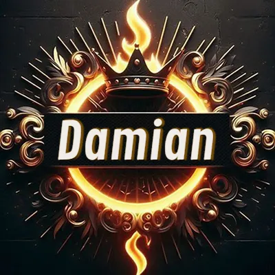 Diseño circular real con adornos dorados, llama de fuego detrás de una corona negra pequeña y nombre en blanco. - Damian