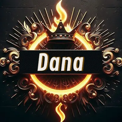 Diseño circular real con adornos dorados, llama de fuego detrás de una corona negra pequeña y nombre en blanco. - Dana