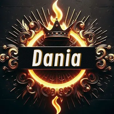 Diseño circular real con adornos dorados, llama de fuego detrás de una corona negra pequeña y nombre en blanco. - Dania