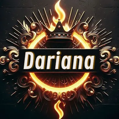 Diseño circular real con adornos dorados, llama de fuego detrás de una corona negra pequeña y nombre en blanco. - Dariana