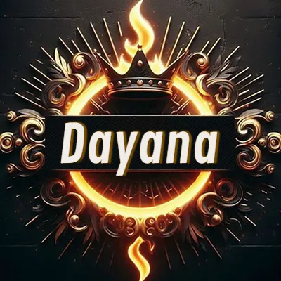 Diseño circular real con adornos dorados, llama de fuego detrás de una corona negra pequeña y nombre en blanco. - Dayana