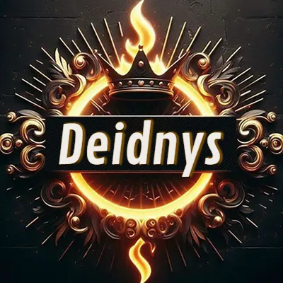 Diseño circular real con adornos dorados, llama de fuego detrás de una corona negra pequeña y nombre en blanco. - Deidnys