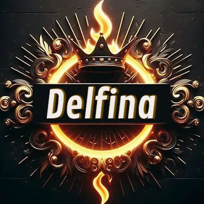 Diseño circular real con adornos dorados, llama de fuego detrás de una corona negra pequeña y nombre en blanco. - Delfina