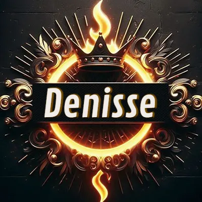 Diseño circular real con adornos dorados, llama de fuego detrás de una corona negra pequeña y nombre en blanco. - Denisse