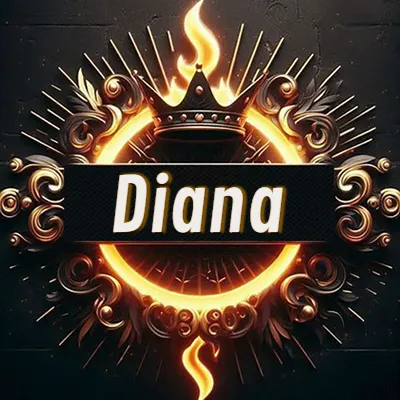 Diseño circular real con adornos dorados, llama de fuego detrás de una corona negra pequeña y nombre en blanco. - Diana Diseño circular real con adornos dorados, llama de fuego detrás de una corona negra pequeña y nombre en blanco. - Diana