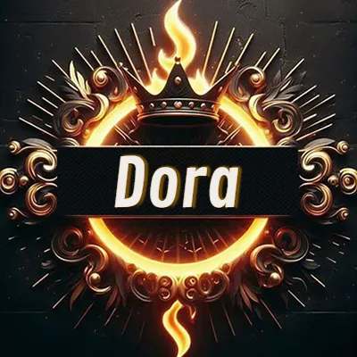 Diseño circular real con adornos dorados, llama de fuego detrás de una corona negra pequeña y nombre en blanco. - Dora Diseño circular real con adornos dorados, llama de fuego detrás de una corona negra pequeña y nombre en blanco. - Dora