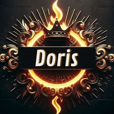 Diseño circular real con adornos dorados, llama de fuego detrás de una corona negra pequeña y nombre en blanco. - Doris Diseño circular real con adornos dorados, llama de fuego detrás de una corona negra pequeña y nombre en blanco. - Doris