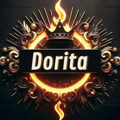 Diseño circular real con adornos dorados, llama de fuego detrás de una corona negra pequeña y nombre en blanco. - Dorita