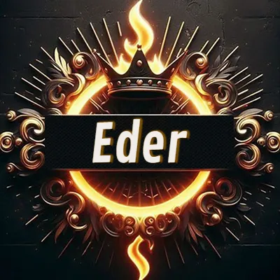 Diseño circular real con adornos dorados, llama de fuego detrás de una corona negra pequeña y nombre en blanco. - Eder