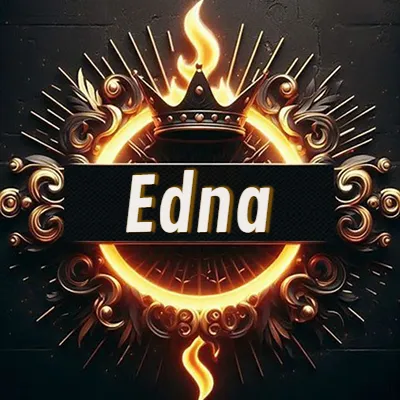 Diseño circular real con adornos dorados, llama de fuego detrás de una corona negra pequeña y nombre en blanco. - Edna Diseño circular real con adornos dorados, llama de fuego detrás de una corona negra pequeña y nombre en blanco. - Edna