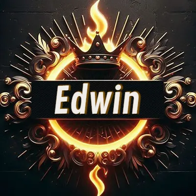 Diseño circular real con adornos dorados, llama de fuego detrás de una corona negra pequeña y nombre en blanco. - Edwin