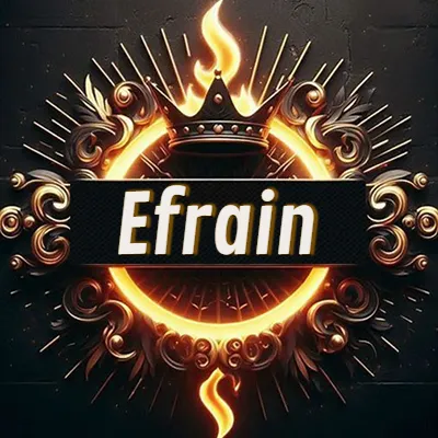 Diseño circular real con adornos dorados, llama de fuego detrás de una corona negra pequeña y nombre en blanco. - Efrain