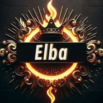 Diseño circular real con adornos dorados, llama de fuego detrás de una corona negra pequeña y nombre en blanco. - Elba Diseño circular real con adornos dorados, llama de fuego detrás de una corona negra pequeña y nombre en blanco. - Elba