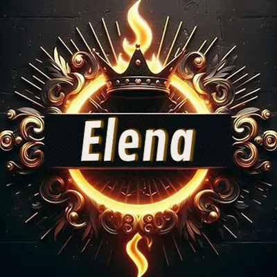 Diseño circular real con adornos dorados, llama de fuego detrás de una corona negra pequeña y nombre en blanco. - Elena Diseño circular real con adornos dorados, llama de fuego detrás de una corona negra pequeña y nombre en blanco. - Elena