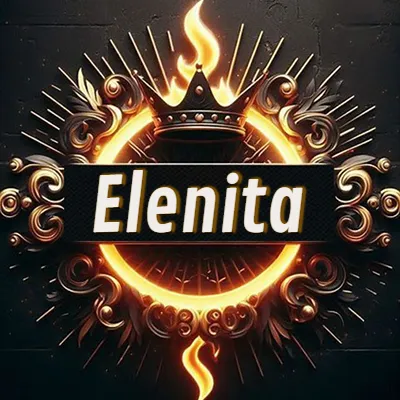 Diseño circular real con adornos dorados, llama de fuego detrás de una corona negra pequeña y nombre en blanco. - Elenita Diseño circular real con adornos dorados, llama de fuego detrás de una corona negra pequeña y nombre en blanco. - Elenita
