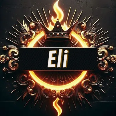 Panel artístico circular con una llama dorada y una corona negra en el centro, rodeado de ornamentos espirales dorados entrelazados que emanan una luz cálida sobre un fondo de muro de piedra oscura. El nombre Eli está escrito en blanco destacado dentro de un rectángulo negro horizontal que cruza la mitad del diseño circular. Panel artístico circular con una llama dorada y una corona negra en el centro, rodeado de ornamentos espirales dorados entrelazados que emanan una luz cálida sobre un fondo de muro de piedra oscura. El nombre Eli está escrito en blanco destacado dentro de un rectángulo negro horizontal que cruza la mitad del diseño circular.