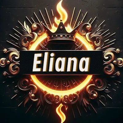 Diseño circular real con adornos dorados, llama de fuego detrás de una corona negra pequeña y nombre en blanco. - Eliana Diseño circular real con adornos dorados, llama de fuego detrás de una corona negra pequeña y nombre en blanco. - Eliana
