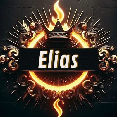 Diseño circular real con adornos dorados, llama de fuego detrás de una corona negra pequeña y nombre en blanco. - Elias