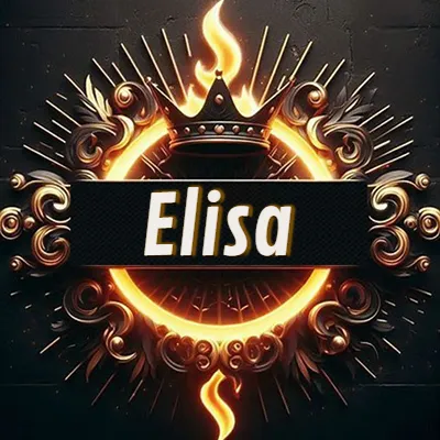 Diseño circular real con adornos dorados, llama de fuego detrás de una corona negra pequeña y nombre en blanco. - Eli