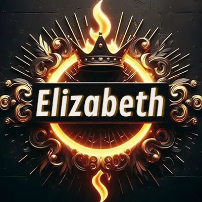 Diseño circular real con adornos dorados, llama de fuego detrás de una corona negra pequeña y nombre en blanco. - Elizabeth