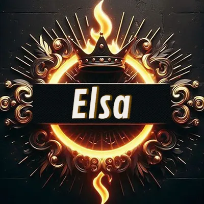 Diseño circular real con adornos dorados, llama de fuego detrás de una corona negra pequeña y nombre en blanco. - Elsa