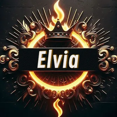 Diseño circular real con adornos dorados, llama de fuego detrás de una corona negra pequeña y nombre en blanco. - Elvia