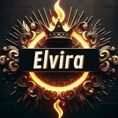 Diseño circular real con adornos dorados, llama de fuego detrás de una corona negra pequeña y nombre en blanco. - Elvira