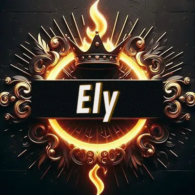 Diseño circular real con adornos dorados, llama de fuego detrás de una corona negra pequeña y nombre en blanco. - Ely Diseño circular real con adornos dorados, llama de fuego detrás de una corona negra pequeña y nombre en blanco. - Ely