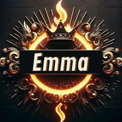 Diseño circular real con adornos dorados, llama de fuego detrás de una corona negra pequeña y nombre en blanco. - Emma