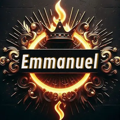 Diseño circular real con adornos dorados, llama de fuego detrás de una corona negra pequeña y nombre en blanco. - Emmanuel