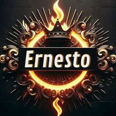 Diseño circular real con adornos dorados, llama de fuego detrás de una corona negra pequeña y nombre en blanco. - Ernesto