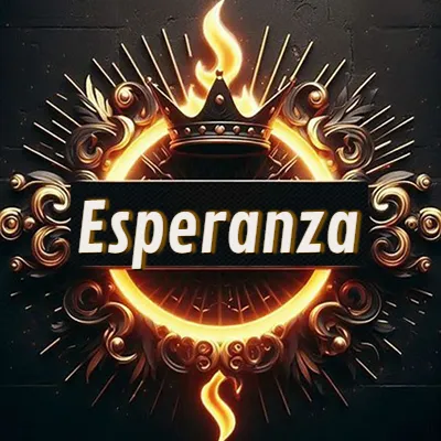 Diseño circular real con adornos dorados, llama de fuego detrás de una corona negra pequeña y nombre en blanco. - Esperanza