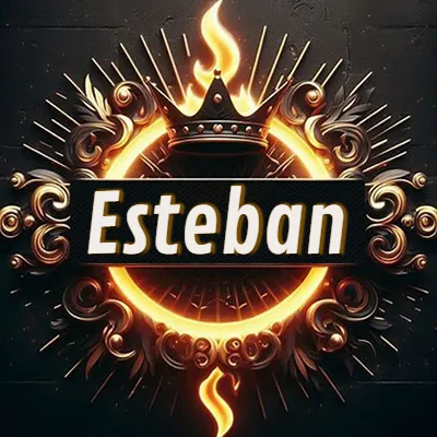 Diseño circular real con adornos dorados, llama de fuego detrás de una corona negra pequeña y nombre en blanco. - Esteban