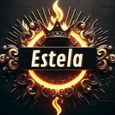 Diseño circular real con adornos dorados, llama de fuego detrás de una corona negra pequeña y nombre en blanco. - Estela Diseño circular real con adornos dorados, llama de fuego detrás de una corona negra pequeña y nombre en blanco. - Estela