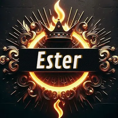 Diseño circular real con adornos dorados, llama de fuego detrás de una corona negra pequeña y nombre en blanco. - Ester Diseño circular real con adornos dorados, llama de fuego detrás de una corona negra pequeña y nombre en blanco. - Ester