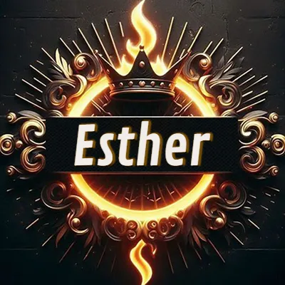 Diseño circular real con adornos dorados, llama de fuego detrás de una corona negra pequeña y nombre en blanco. - Esther Diseño circular real con adornos dorados, llama de fuego detrás de una corona negra pequeña y nombre en blanco. - Esther