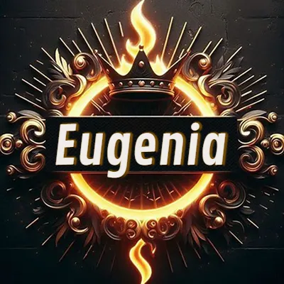 Diseño circular real con adornos dorados, llama de fuego detrás de una corona negra pequeña y nombre en blanco. - Eugenia Diseño circular real con adornos dorados, llama de fuego detrás de una corona negra pequeña y nombre en blanco. - Eugenia