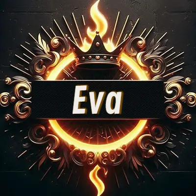 Diseño circular real con adornos dorados, llama de fuego detrás de una corona negra pequeña y nombre en blanco. - Eva Diseño circular real con adornos dorados, llama de fuego detrás de una corona negra pequeña y nombre en blanco. - Eva