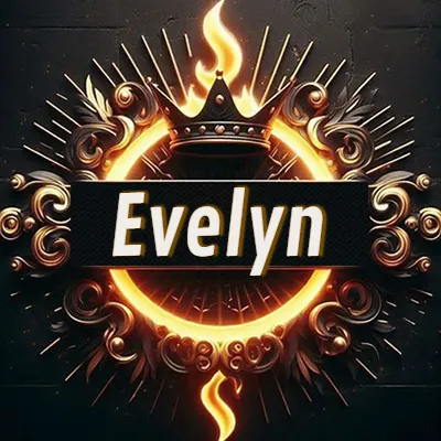 Diseño circular real con adornos dorados, llama de fuego detrás de una corona negra pequeña y nombre en blanco. - Evelyn