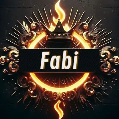 Diseño circular real con adornos dorados, llama de fuego detrás de una corona negra pequeña y nombre en blanco. - Fabi