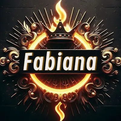 Diseño circular real con adornos dorados, llama de fuego detrás de una corona negra pequeña y nombre en blanco. - Fabiana