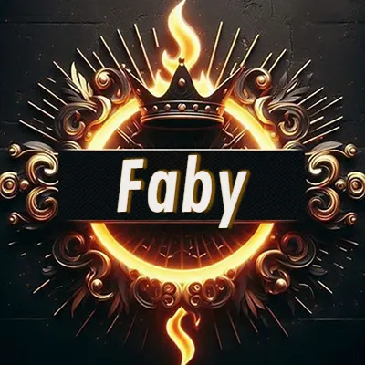 Diseño circular real con adornos dorados, llama de fuego detrás de una corona negra pequeña y nombre en blanco. - Faby