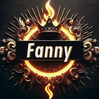 Diseño circular real con adornos dorados, llama de fuego detrás de una corona negra pequeña y nombre en blanco. - Fanny