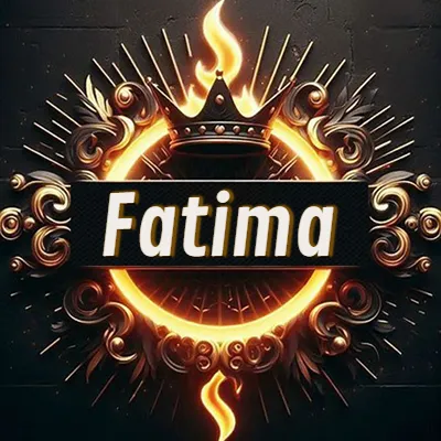 Diseño circular real con adornos dorados, llama de fuego detrás de una corona negra pequeña y nombre en blanco. - Fatima Diseño circular real con adornos dorados, llama de fuego detrás de una corona negra pequeña y nombre en blanco. - Fatima